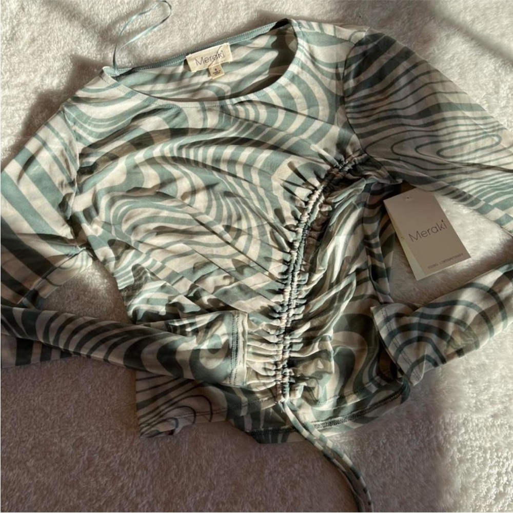 Meraki Green Ruched Tie Front Long Sleeve Blouse